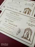 KLB-1566 White Creme Traditional Embossed Semi Box Wedding Card (2 Page & Couple Name Wooden Plate)-Kalash Cards