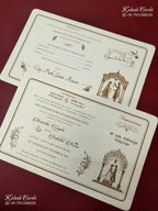 KLB-1566 White Creme Traditional Embossed Semi Box Wedding Card (2 Page & Couple Name Wooden Plate)-Kalash Cards