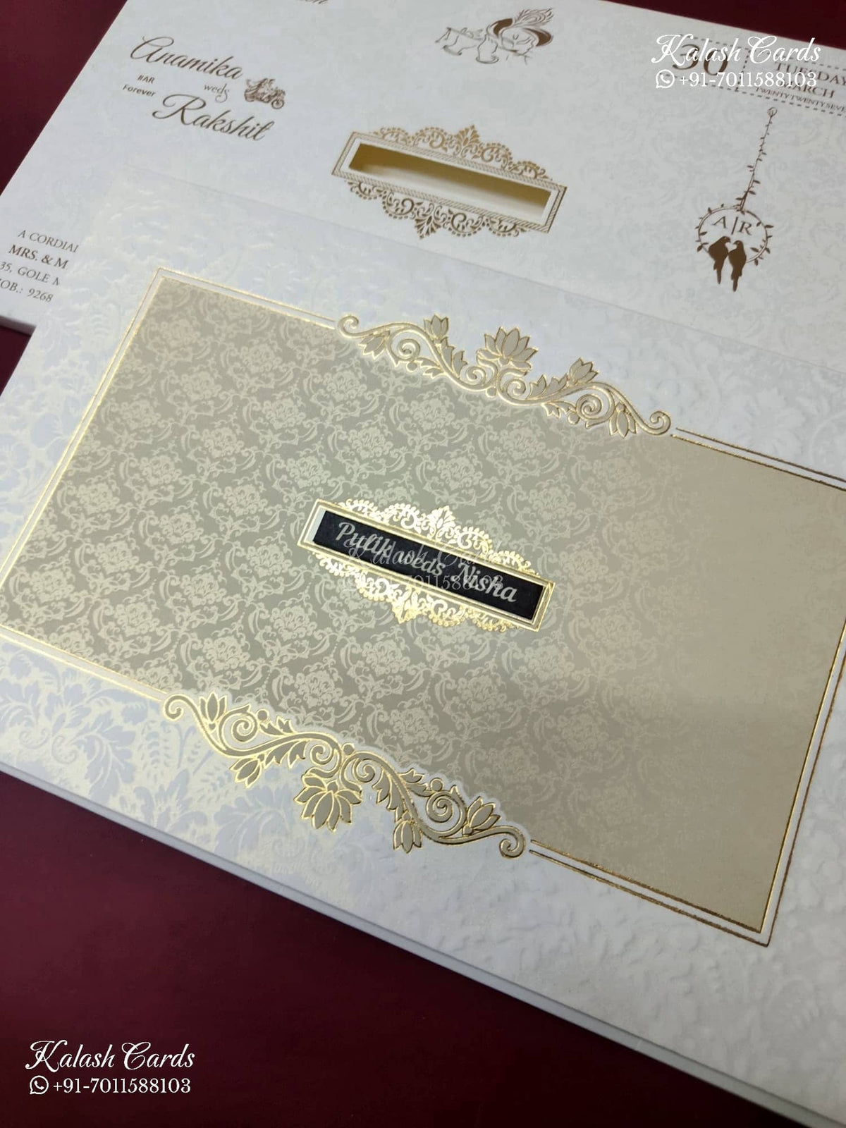 KLB-1568 White Creme Traditional Embossed Semi Box Wedding Card (2 Page & Couple Name Wooden Plate)-Kalash Cards