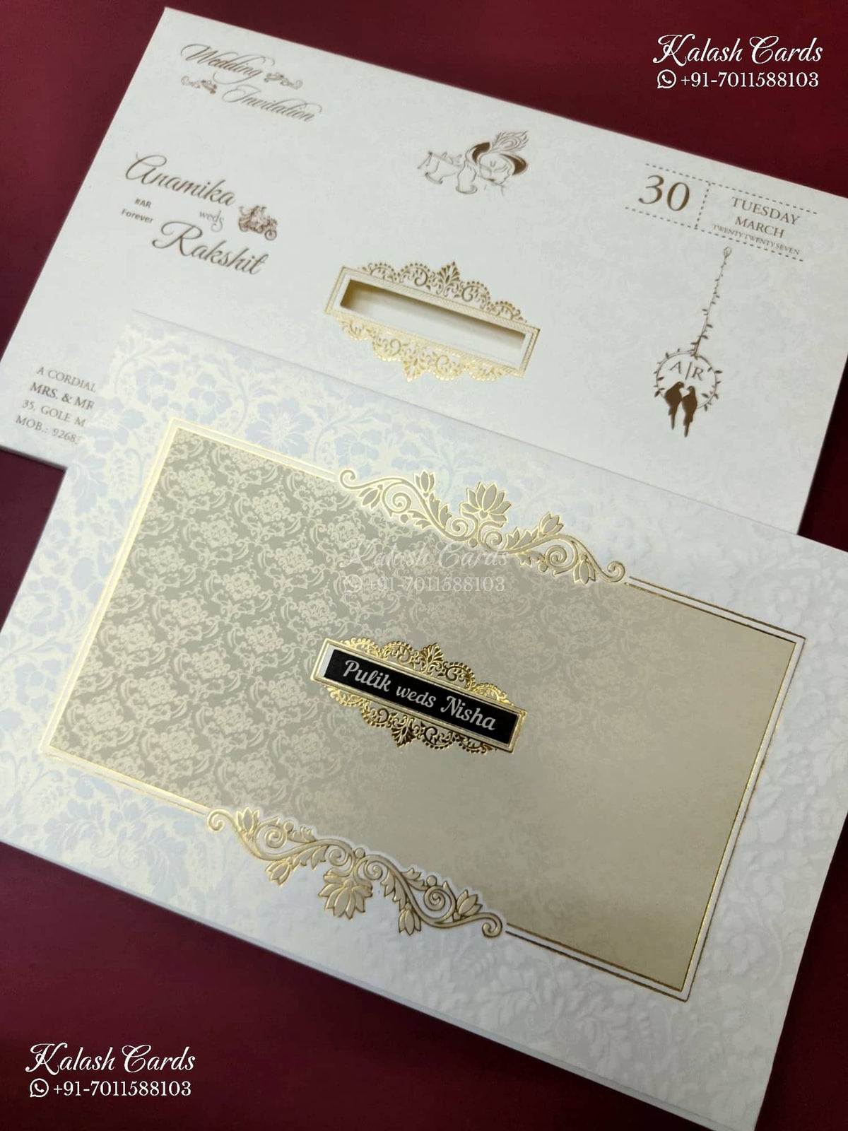 KLB-1568 White Creme Traditional Embossed Semi Box Wedding Card (2 Page & Couple Name Wooden Plate)-Kalash Cards