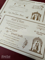 KLB-1568 White Creme Traditional Embossed Semi Box Wedding Card (2 Page & Couple Name Wooden Plate)-Kalash Cards