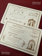 KLB-1568 White Creme Traditional Embossed Semi Box Wedding Card (2 Page & Couple Name Wooden Plate)-Kalash Cards