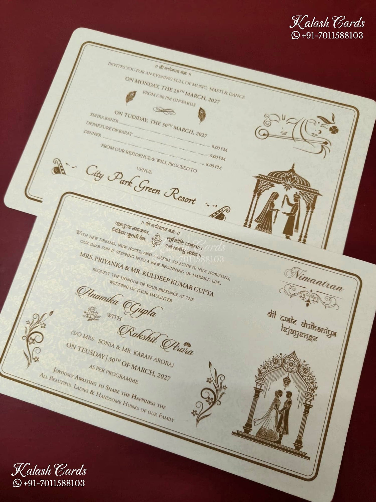 KLB-1568 White Creme Traditional Embossed Semi Box Wedding Card (2 Page & Couple Name Wooden Plate)-Kalash Cards