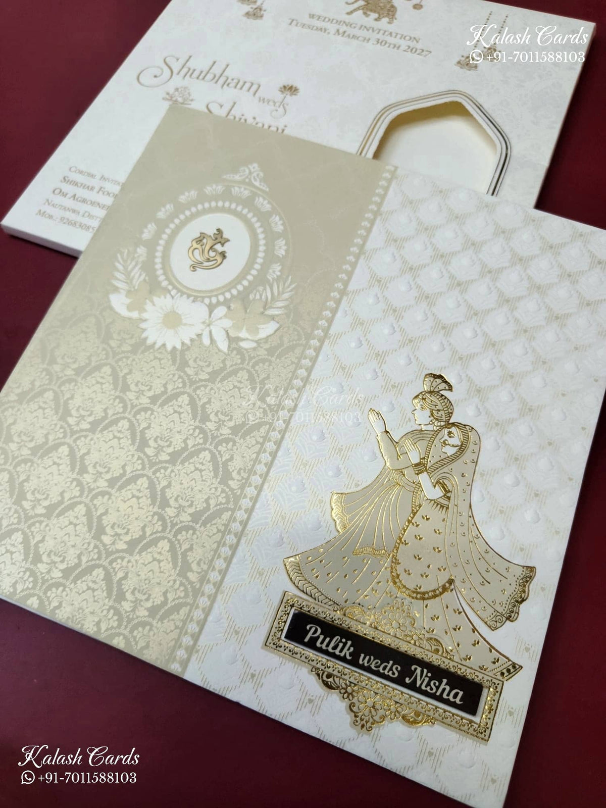 KLB-1571 White Creme Bride Groom Semi Box Wedding Card (2 Page & Couple Name Wooden Plate)-Kalash Cards