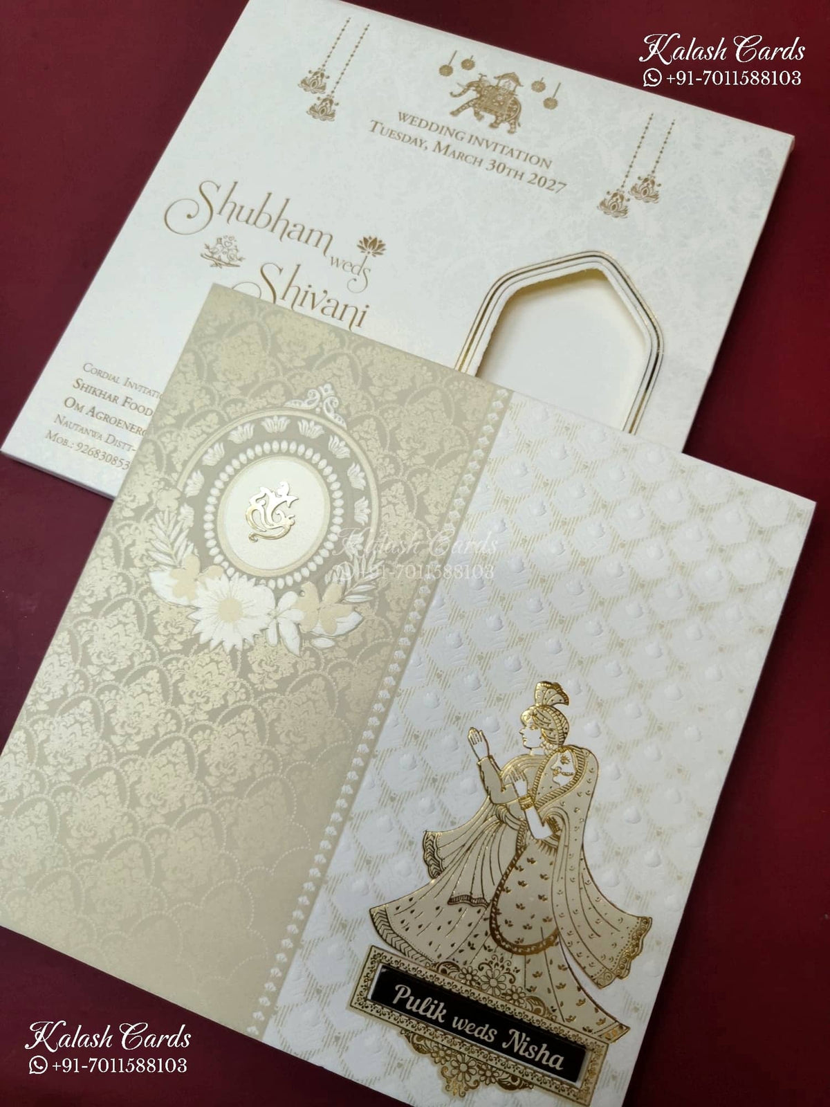 KLB-1571 White Creme Bride Groom Semi Box Wedding Card (2 Page & Couple Name Wooden Plate)-Kalash Cards