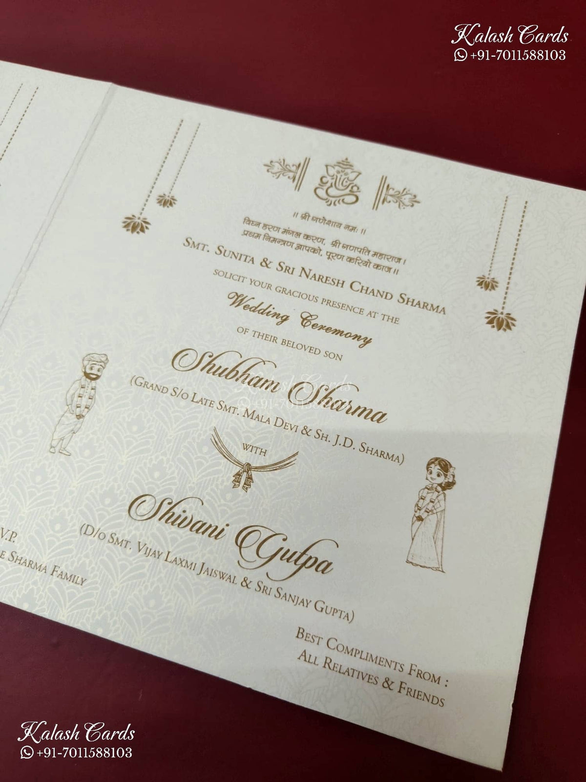 KLB-1571 White Creme Bride Groom Semi Box Wedding Card (2 Page & Couple Name Wooden Plate)-Kalash Cards