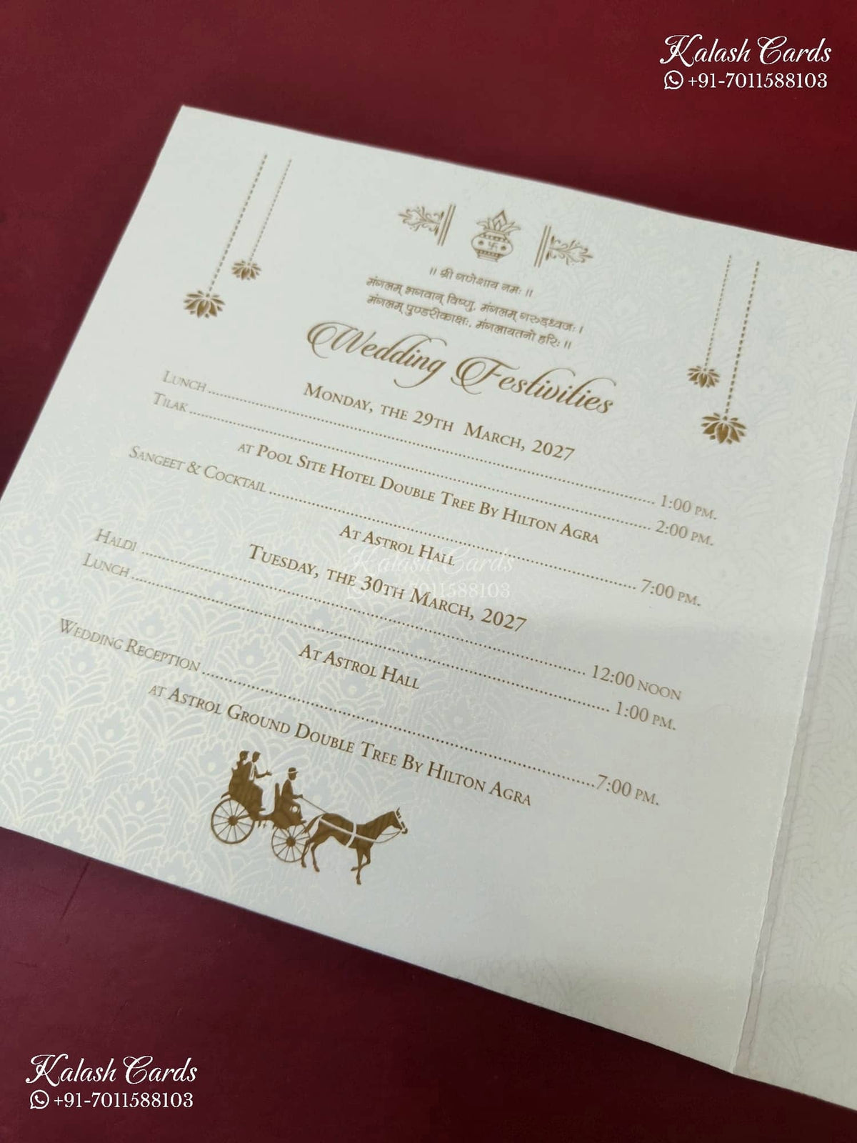 KLB-1571 White Creme Bride Groom Semi Box Wedding Card (2 Page & Couple Name Wooden Plate)-Kalash Cards
