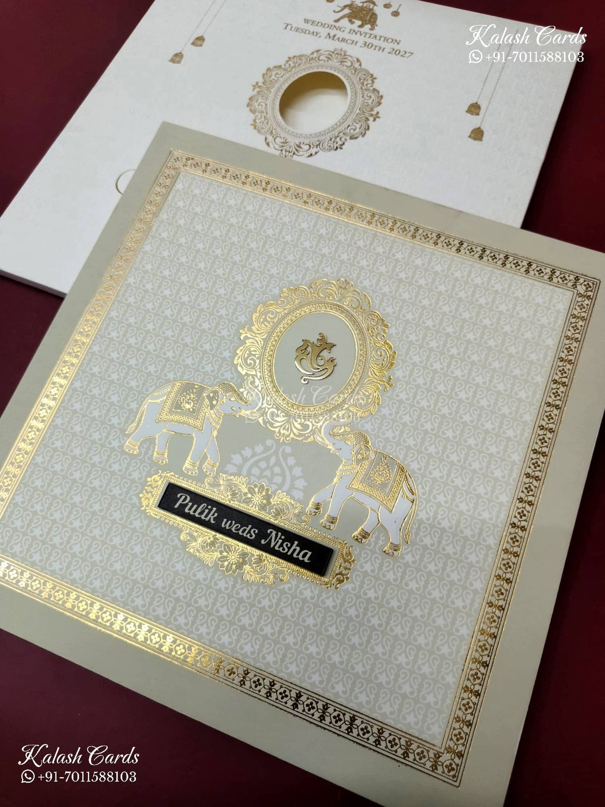 KLB-1572 Creme Elephant Semi Box Wedding Card (2 Page & Couple Name Wooden Plate)-Kalash Cards