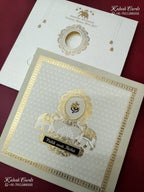 KLB-1572 Creme Elephant Semi Box Wedding Card (2 Page & Couple Name Wooden Plate)-Kalash Cards