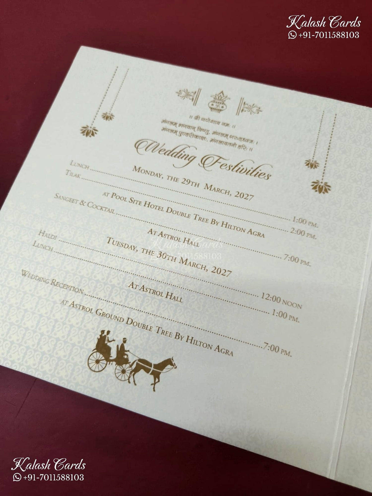 KLB-1572 Creme Elephant Semi Box Wedding Card (2 Page & Couple Name Wooden Plate)-Kalash Cards