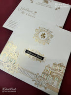 KLB-1573 White Royal Fort Semi Box Wedding Card (2 Page & Couple Name Wooden Plate)-Kalash Cards