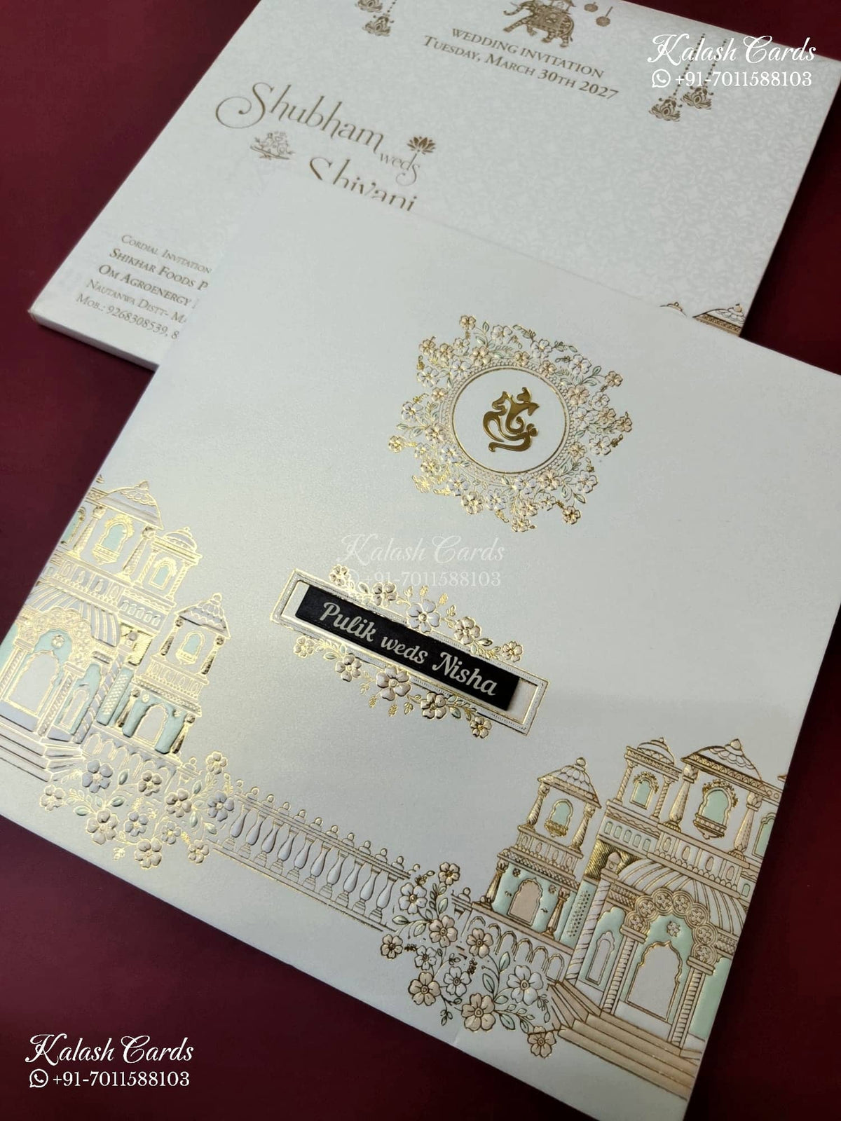 KLB-1573 White Royal Fort Semi Box Wedding Card (2 Page & Couple Name Wooden Plate)-Kalash Cards