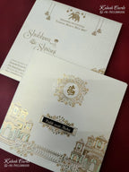KLB-1573 White Royal Fort Semi Box Wedding Card (2 Page & Couple Name Wooden Plate)-Kalash Cards