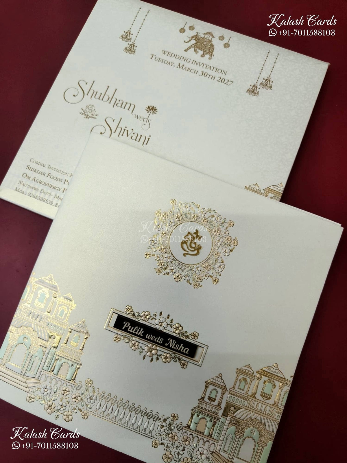 KLB-1573 White Royal Fort Semi Box Wedding Card (2 Page & Couple Name Wooden Plate)-Kalash Cards