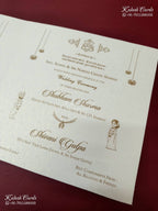 KLB-1573 White Royal Fort Semi Box Wedding Card (2 Page & Couple Name Wooden Plate)-Kalash Cards