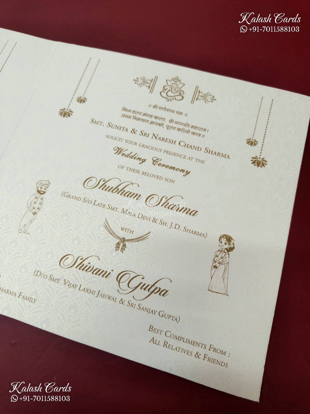 KLB-1573 White Royal Fort Semi Box Wedding Card (2 Page & Couple Name Wooden Plate)-Kalash Cards