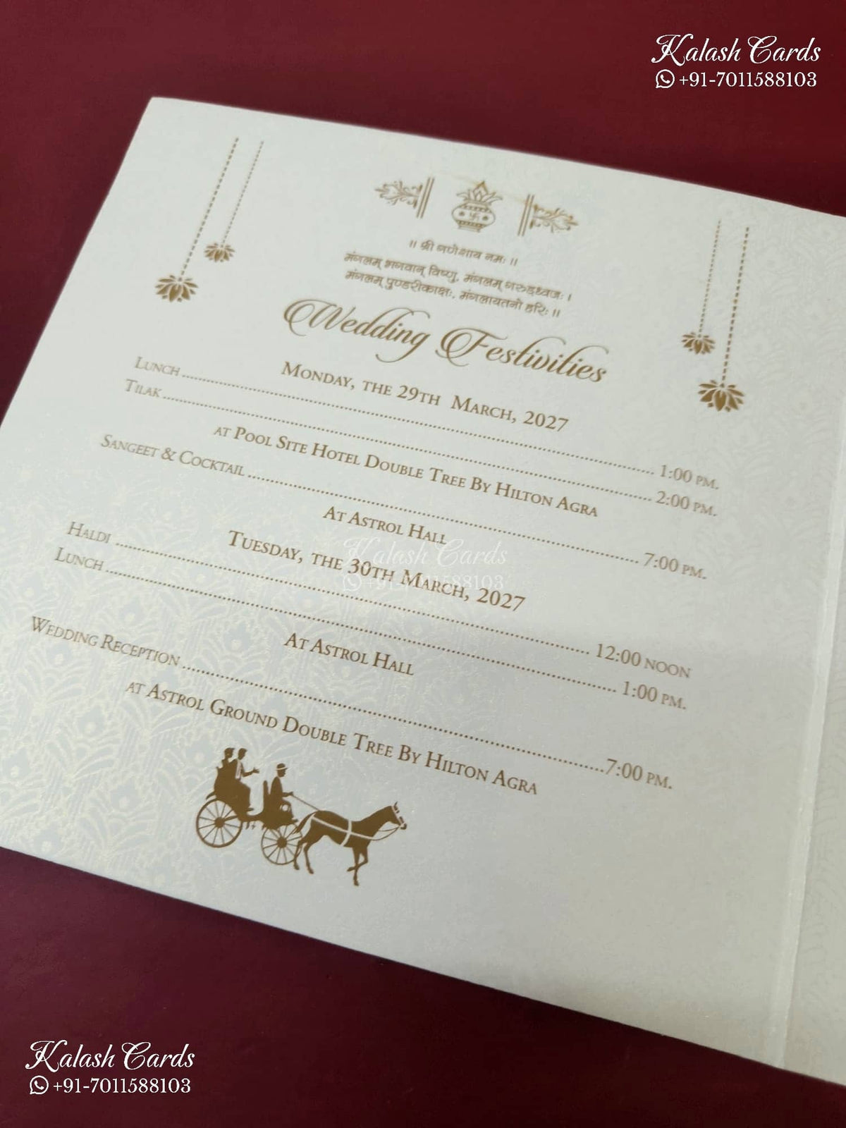 KLB-1573 White Royal Fort Semi Box Wedding Card (2 Page & Couple Name Wooden Plate)-Kalash Cards