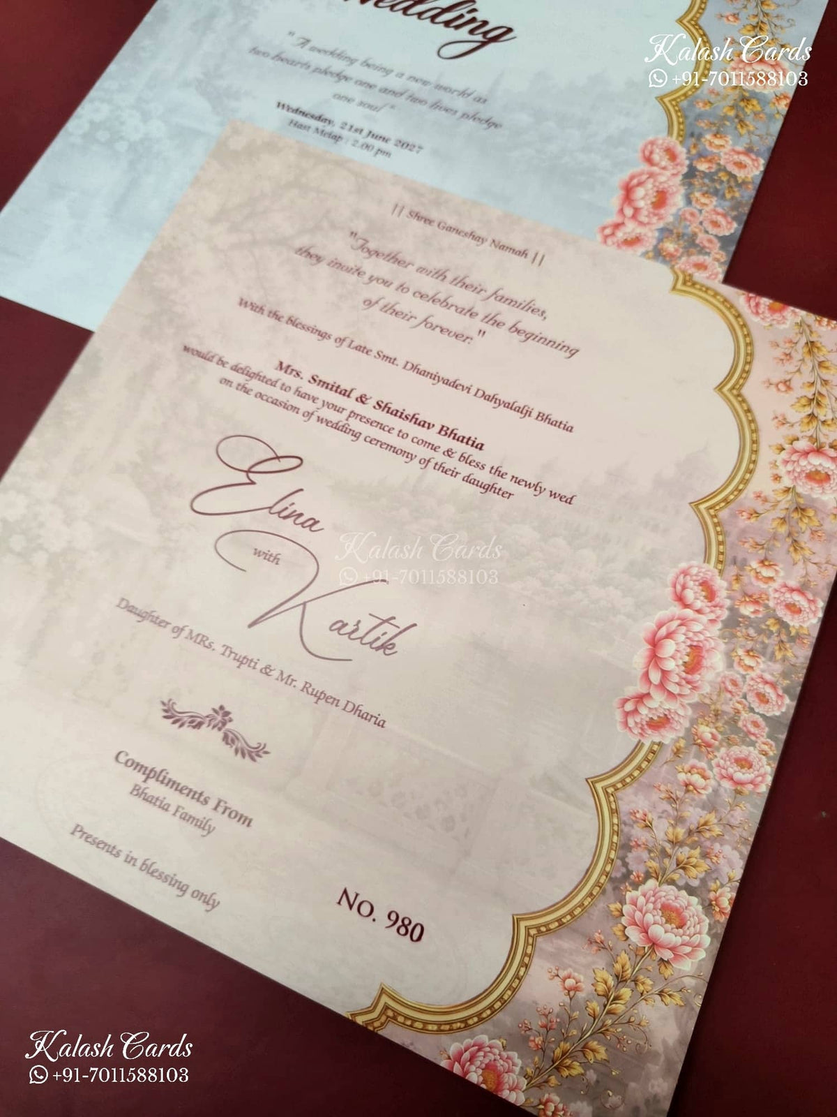 KLB-1574 Peach Ride Groom Laser Cut Padded Thick Wedding Card (2 Page & Couple Name Acrylic)-Kalash Cards