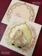 KLB-1574 Peach Ride Groom Laser Cut Padded Thick Wedding Card (2 Page & Couple Name Acrylic)-Kalash Cards