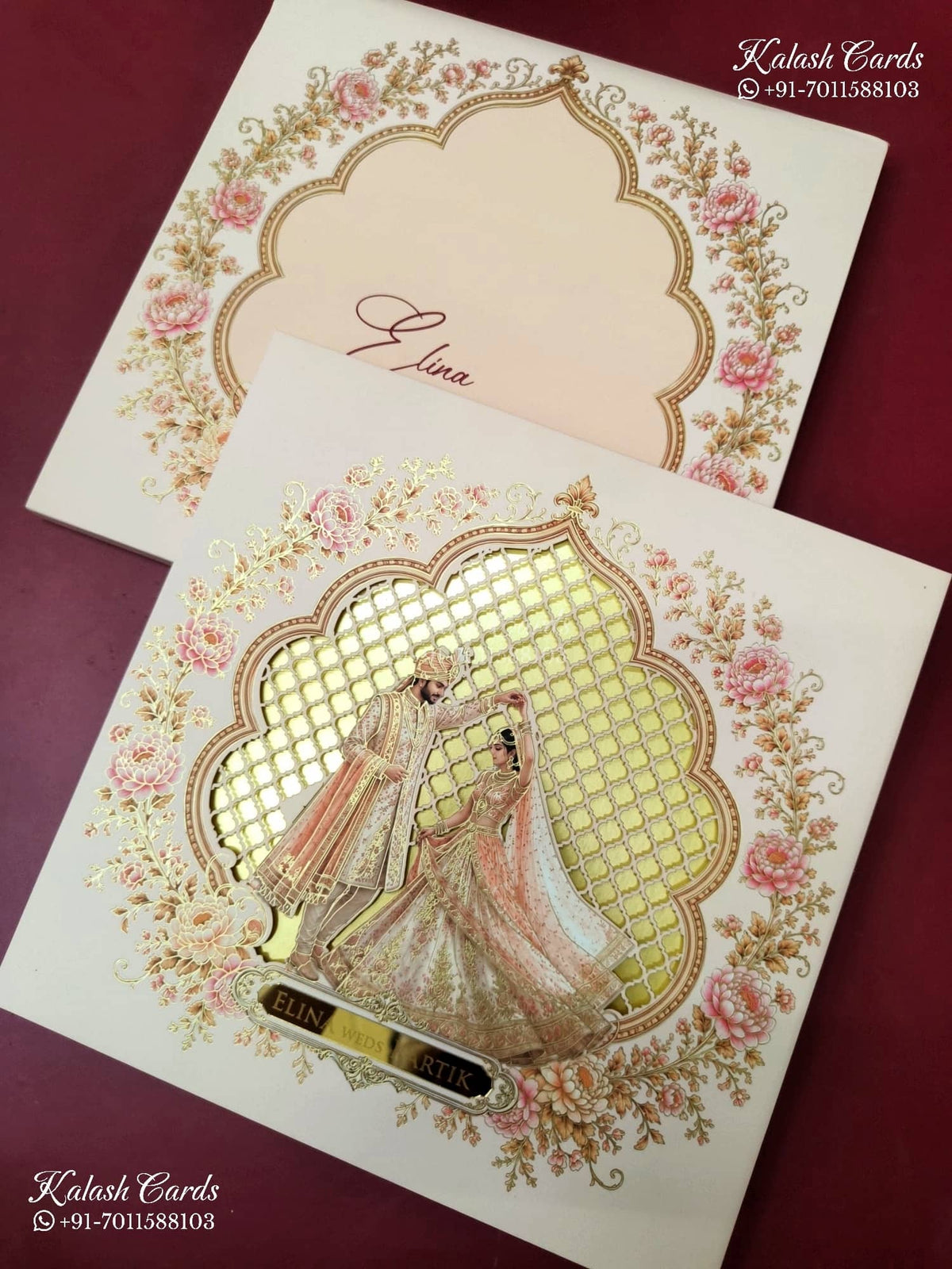 KLB-1574 Peach Ride Groom Laser Cut Padded Thick Wedding Card (2 Page & Couple Name Acrylic)-Kalash Cards