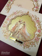 KLB-1574 Peach Ride Groom Laser Cut Padded Thick Wedding Card (2 Page & Couple Name Acrylic)-Kalash Cards