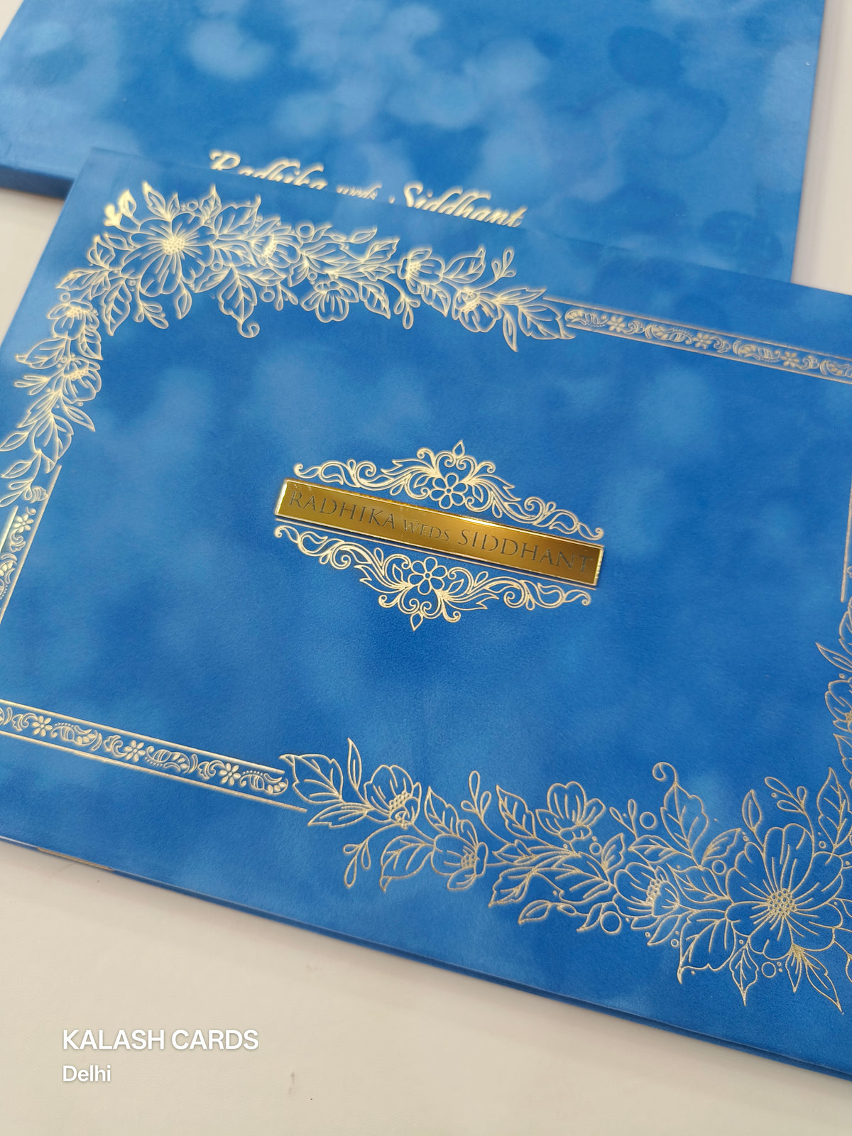 KLB506 Royal Floral Theme Velvet Hardboard Padding Thick Wedding Card (2 Page)-Kalash Cards