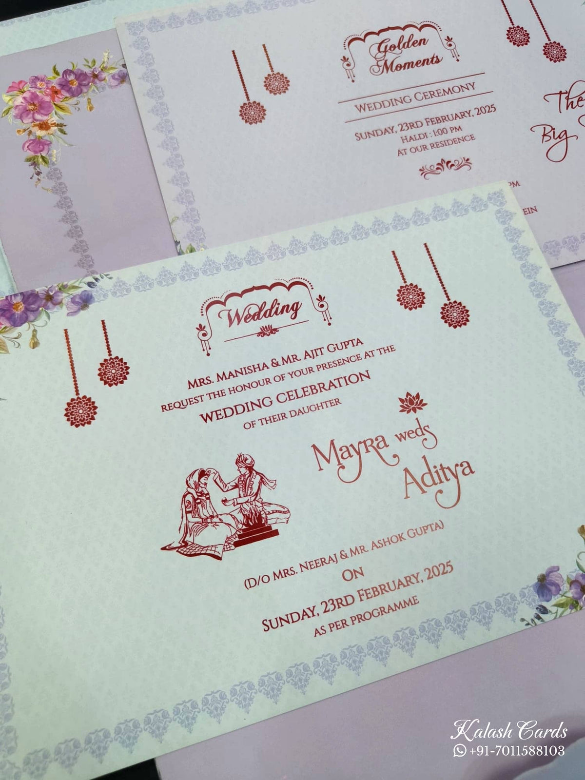 KLB512 Floral Design 3D Gold Foil Padding Hardboard Thick Wedding Card (2 Page & 1 Envelope)