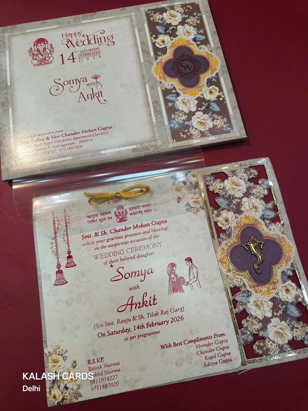 KLB540 Grey Floral Design Paper Wedding Card (2 Page & 1 Transparent PVC)-Kalash Cards
