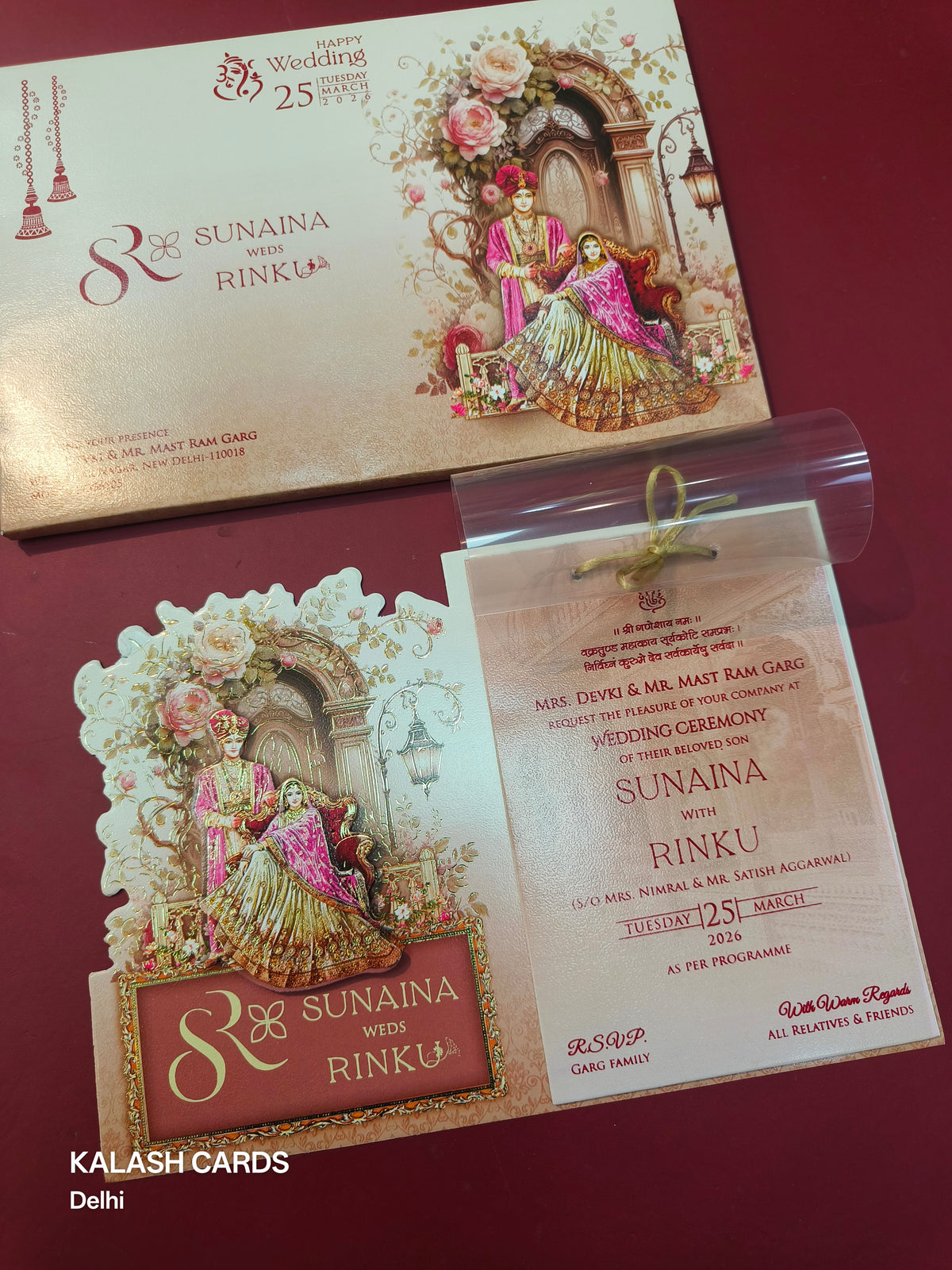 KLB542 Traditional Raja Rani Theme Paper Wedding Card (2 Page & 1 Transparent PVC)-Kalash Cards