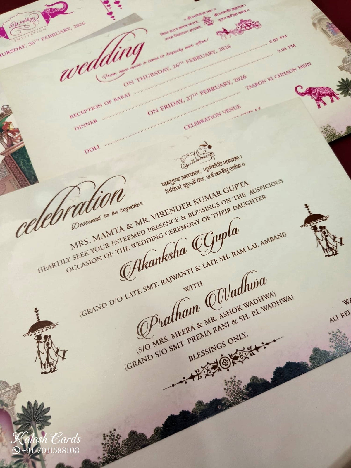 KLB555 Raja Rani Royal Fort Design Pink Color Semi Box Wedding Card (2 Page)