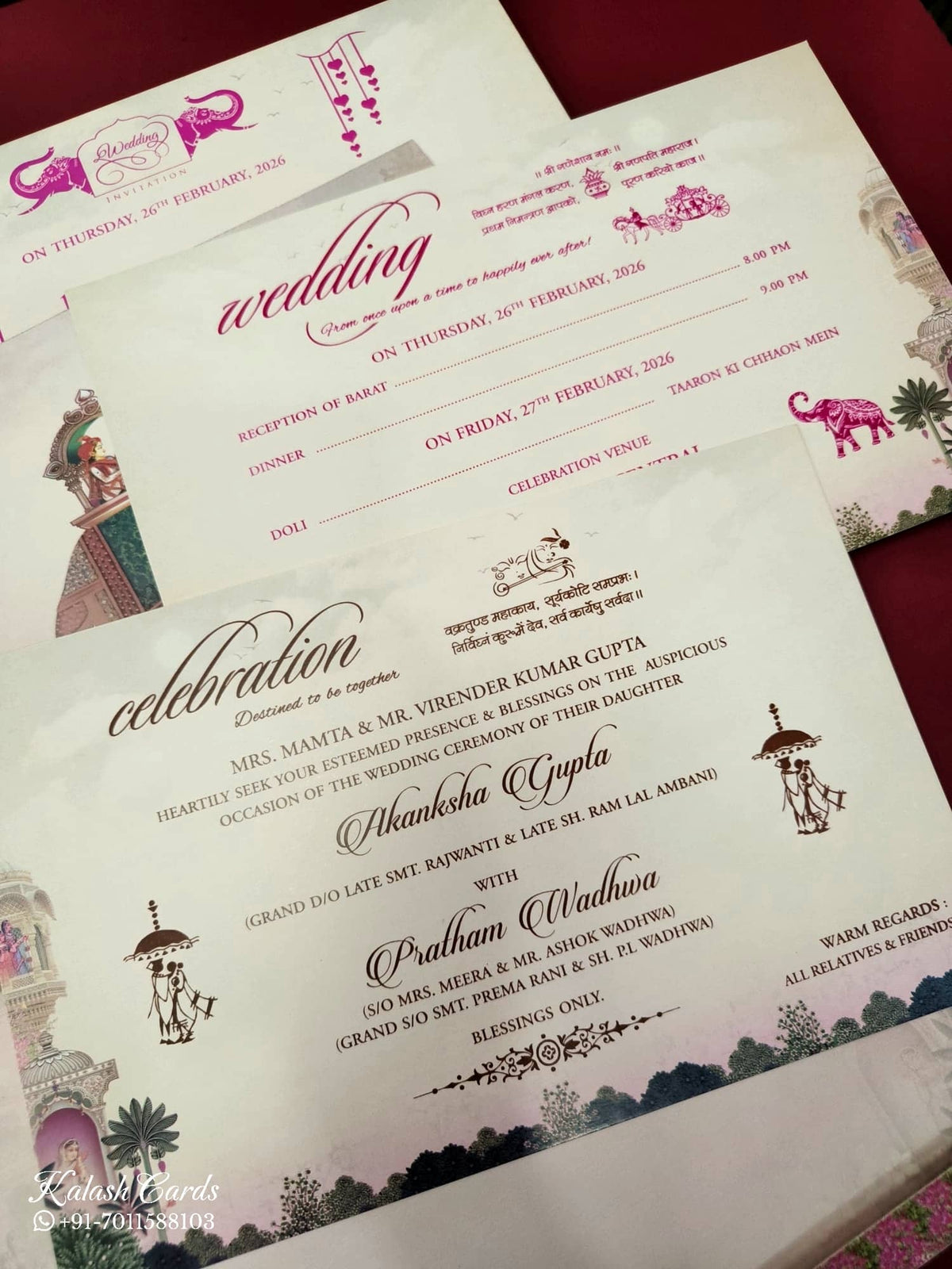 KLB555 Raja Rani Royal Fort Design Pink Color Semi Box Wedding Card (2 Page)