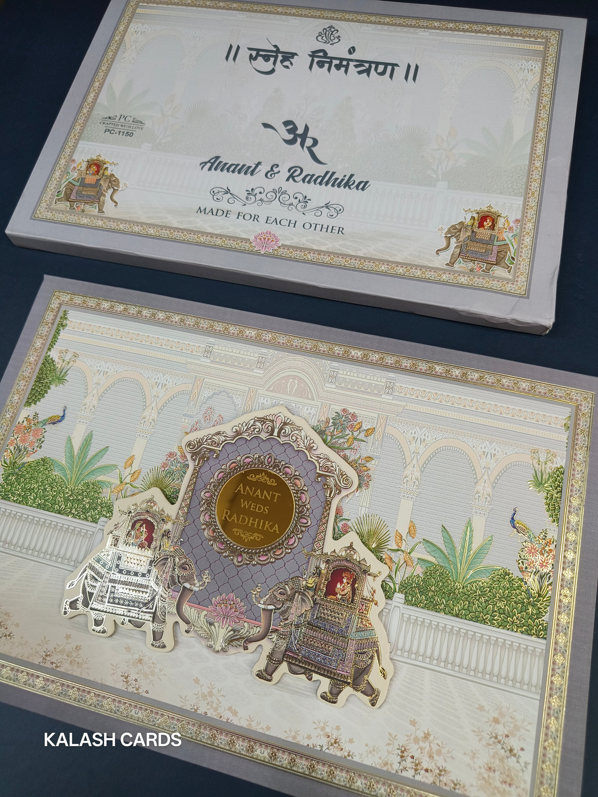 KLB559 Royal Elephant Design Hardboard Padding Thick Wedding Card (2 Page)-Kalash Cards