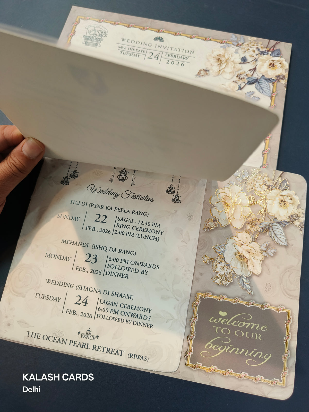 KLB568 Floral Design Carry Bag Paper Wedding Card (2 Page & 1 Transparent PVC)-Kalash Cards