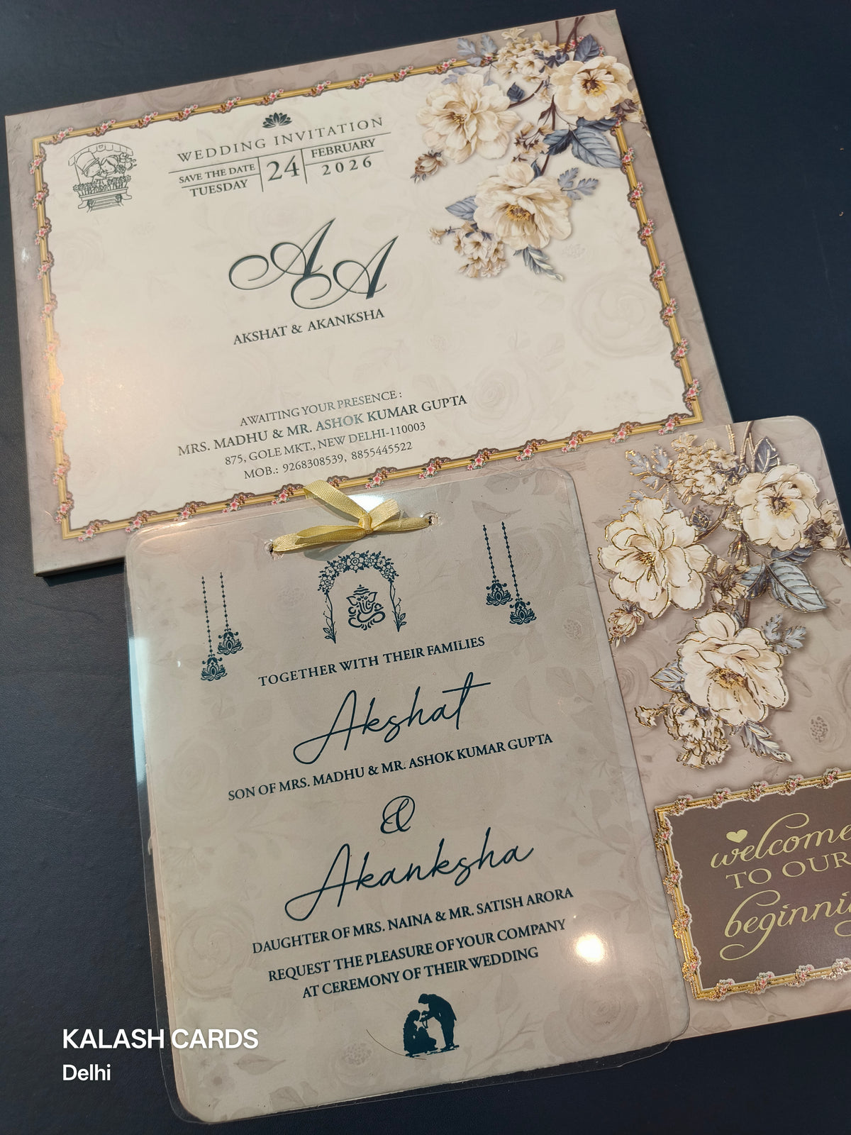 KLB568 Floral Design Carry Bag Paper Wedding Card (2 Page & 1 Transparent PVC)-Kalash Cards
