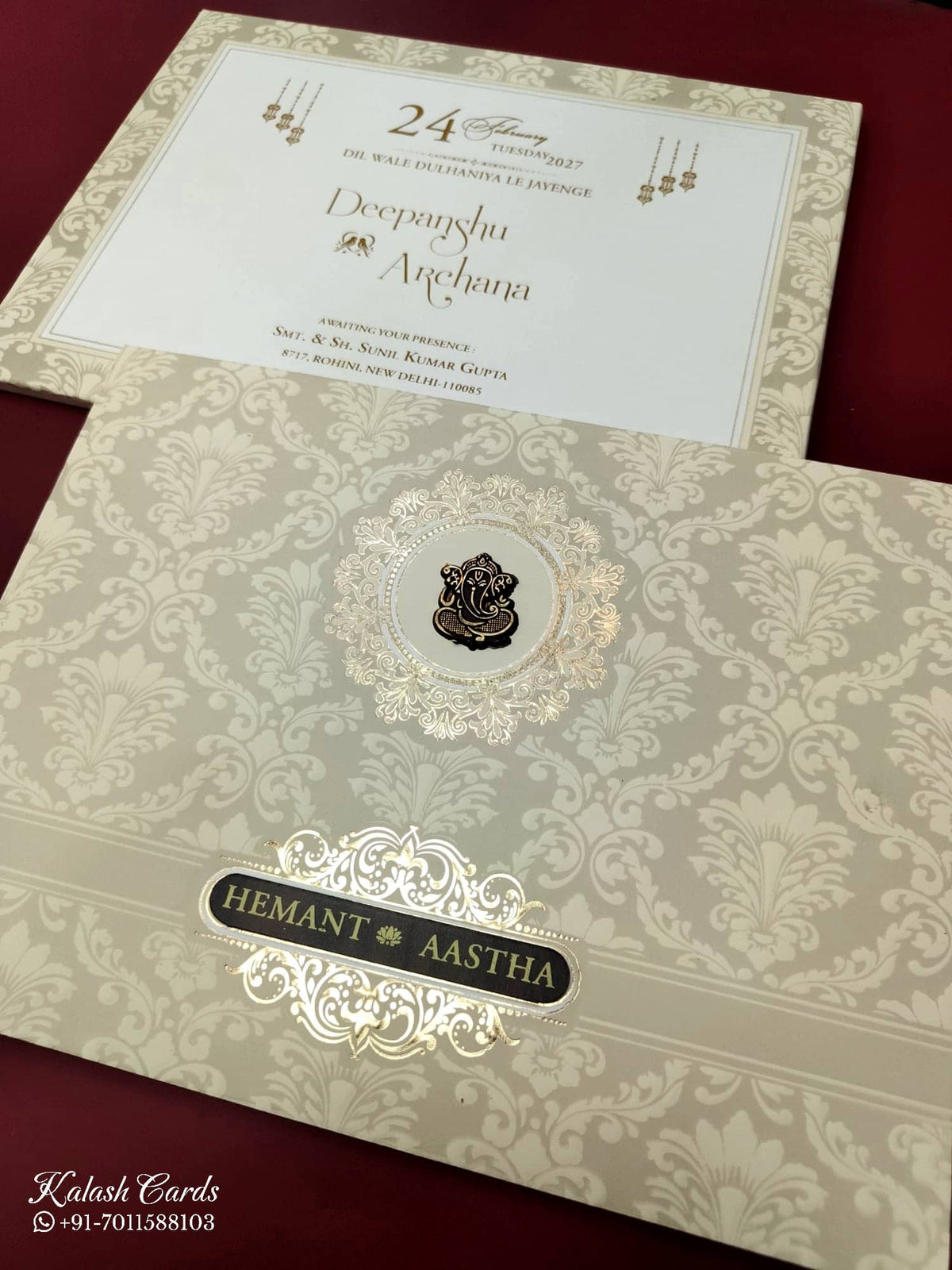 KLB572 Floral Design Creme Color Embossed Semi Box Wedding Card (2 Page)