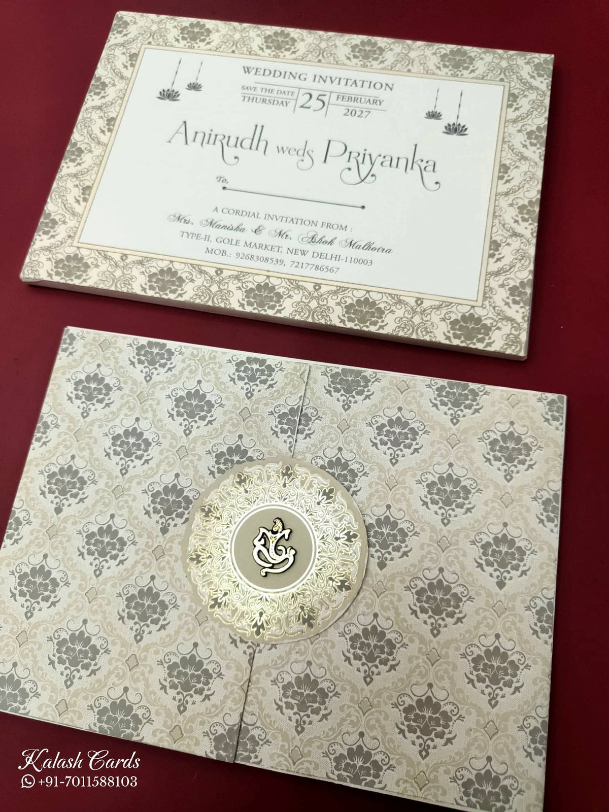 KLB577 Floral Traditional Design White Grey Color Semi Box Wedding Card (2 Page)