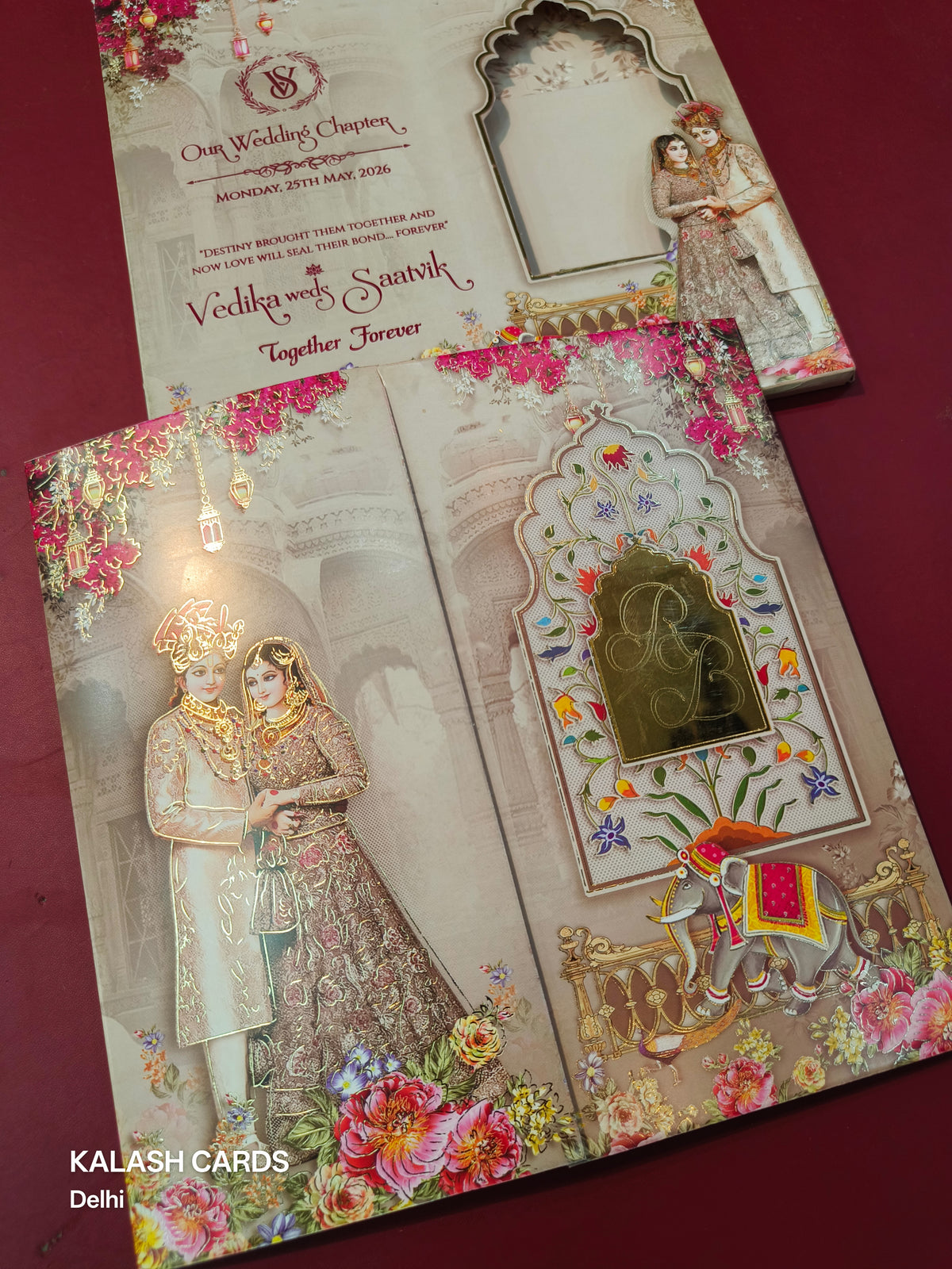 KLB578 Raja Rani Design Paper Wedding Card (2 Page with Couple Initial Acrylic)-Kalash Cards