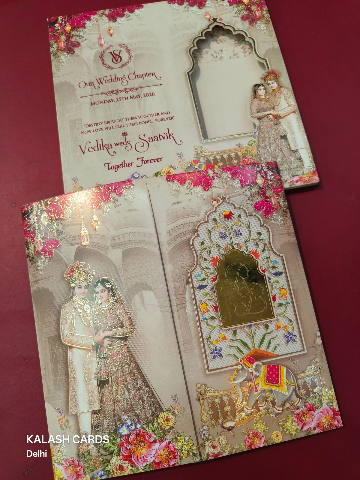 KLB578 Raja Rani Design Paper Wedding Card (2 Page with Couple Initial Acrylic)-Kalash Cards