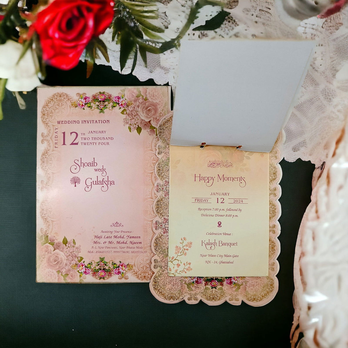 KLB581 Floral Design Paper Wedding Card with 2 Inserts and 1 Transparent Insert - Kalash Cards