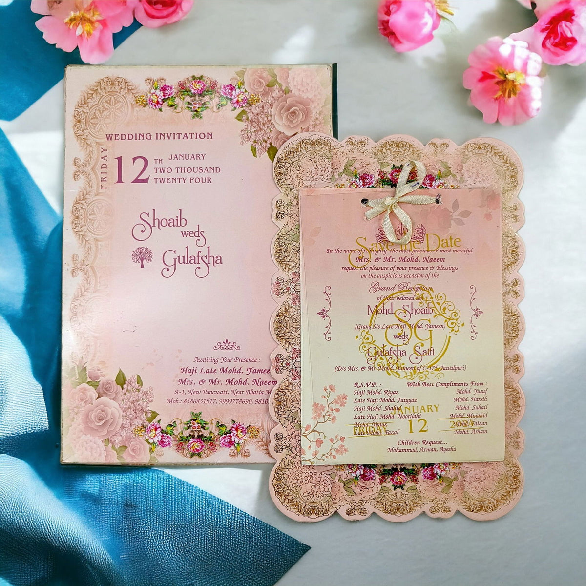 KLB581 Floral Design Paper Wedding Card with 2 Inserts and 1 Transparent Insert - Kalash Cards