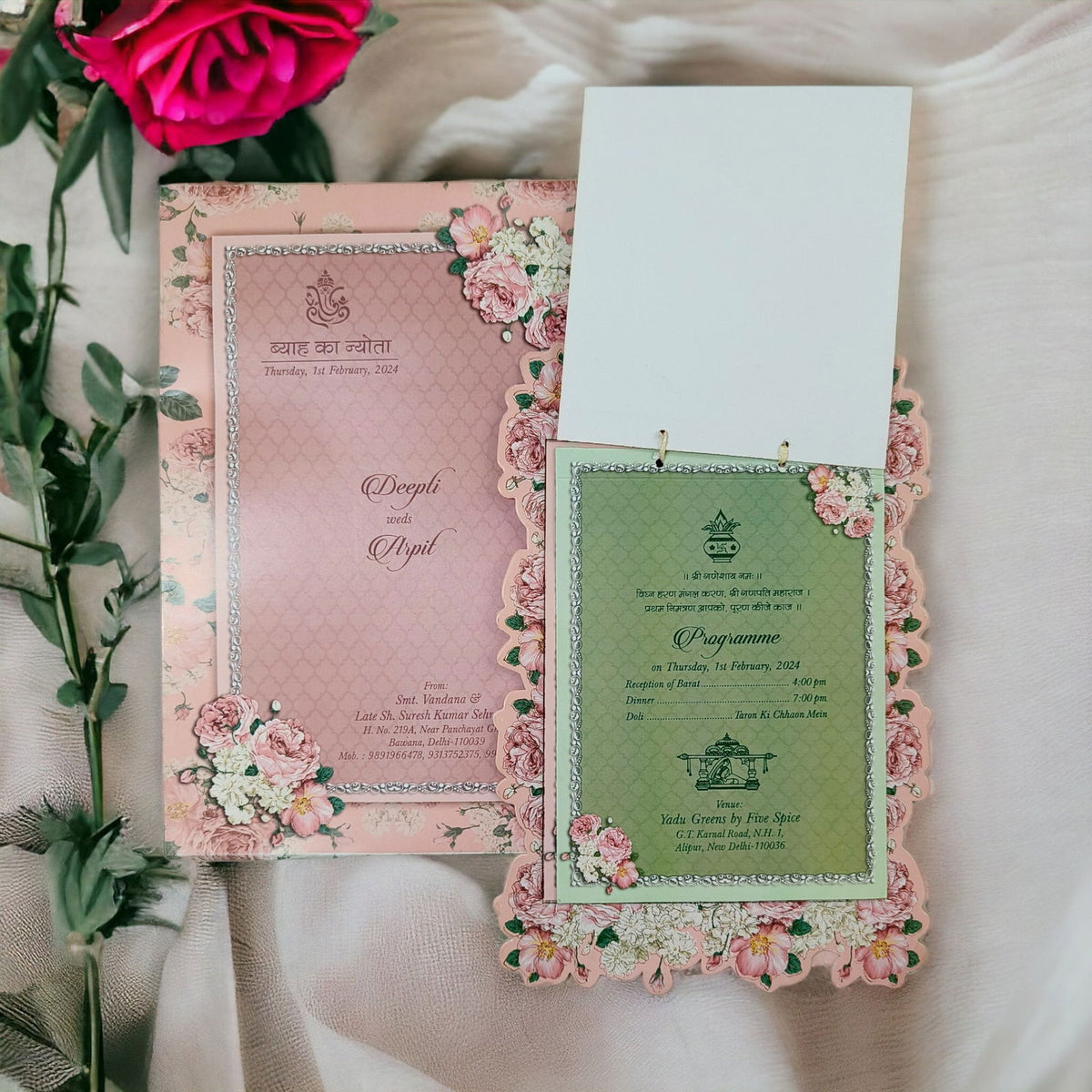 KLB583 Floral Design Paper Wedding Card with 2 Inserts and 1 Transparent Insert - Kalash Cards