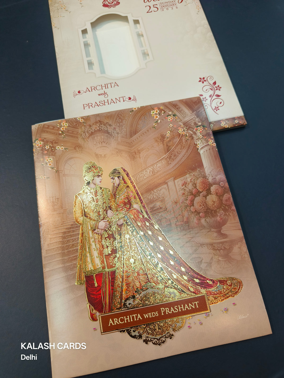 KLB584 Traditional Raja Rani Theme Paper Wedding Card (2 Page)-Kalash Cards