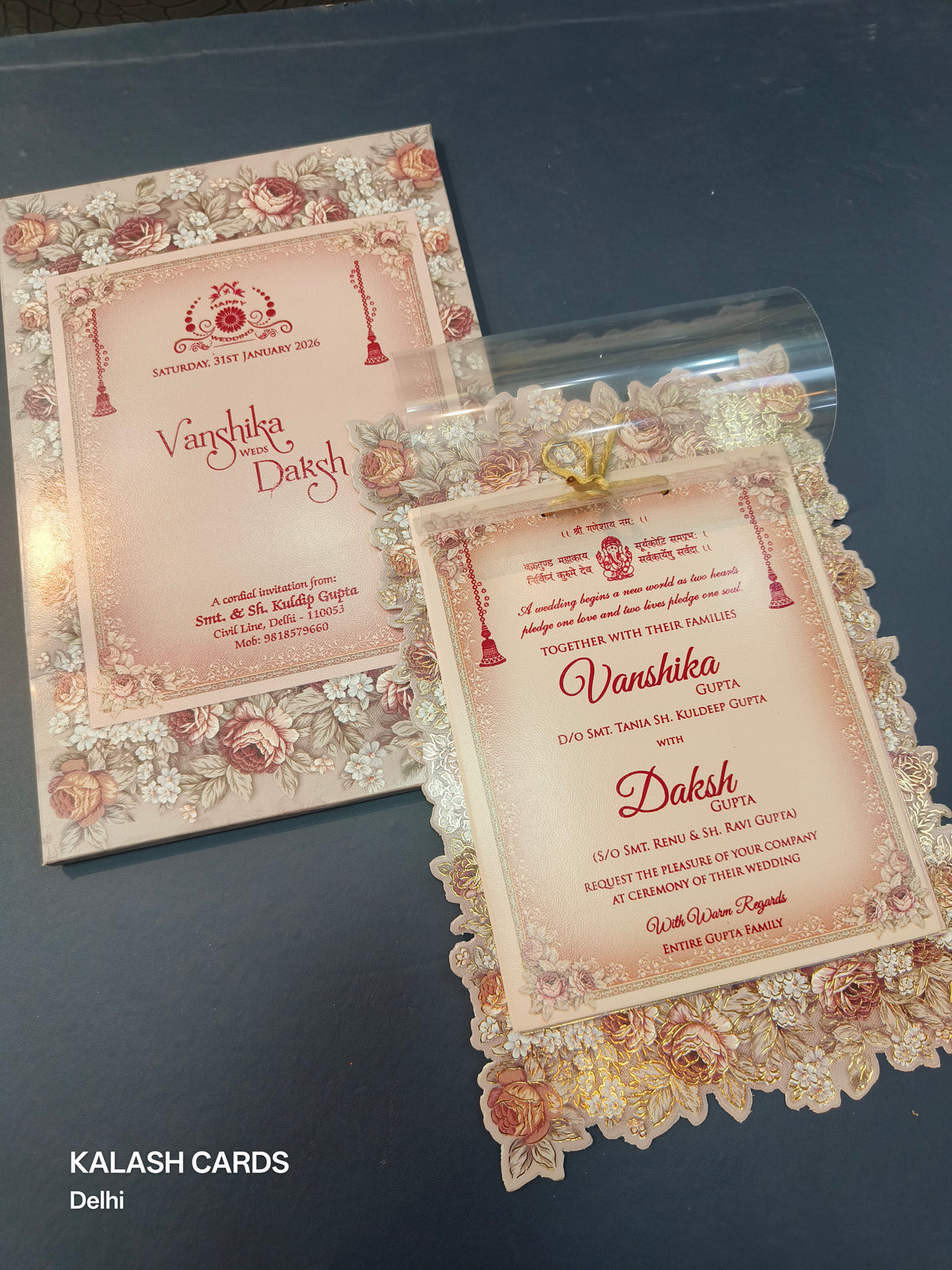 KLB586 Floral Design Paper Wedding Card (2 Page & 1 Transparent PVC)-Kalash Cards