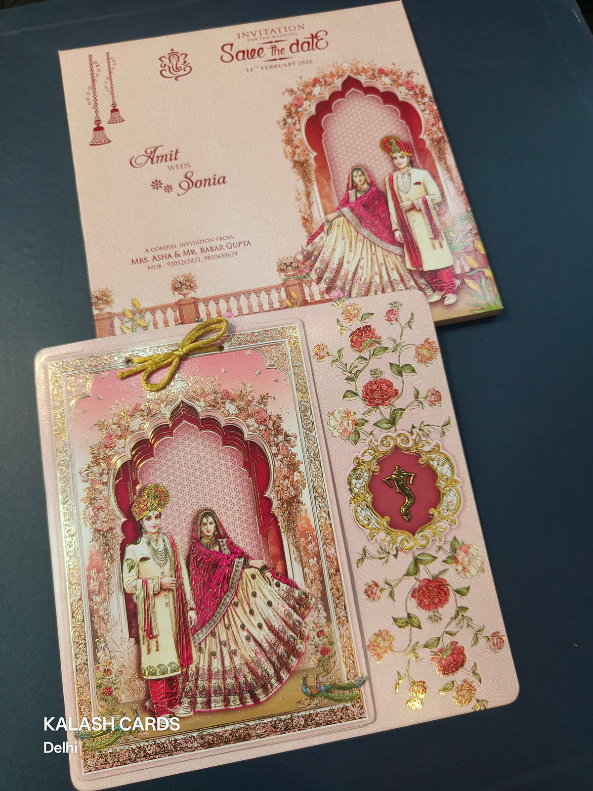 KLB588 Raja Rani Design Paper Wedding Card (1 Cover & 2 Page)-Kalash Cards