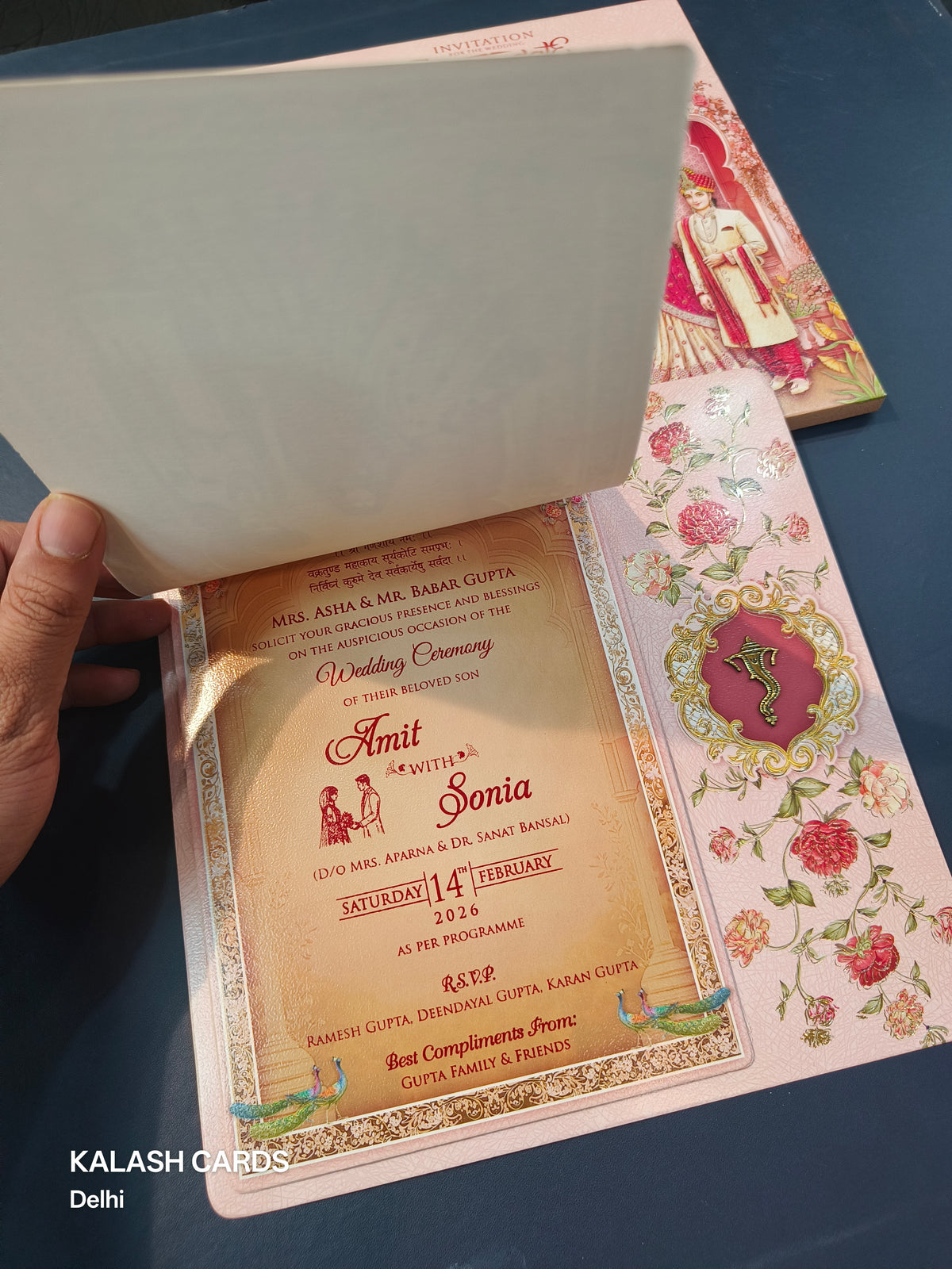 KLB588 Raja Rani Design Paper Wedding Card (1 Cover & 2 Page)-Kalash Cards