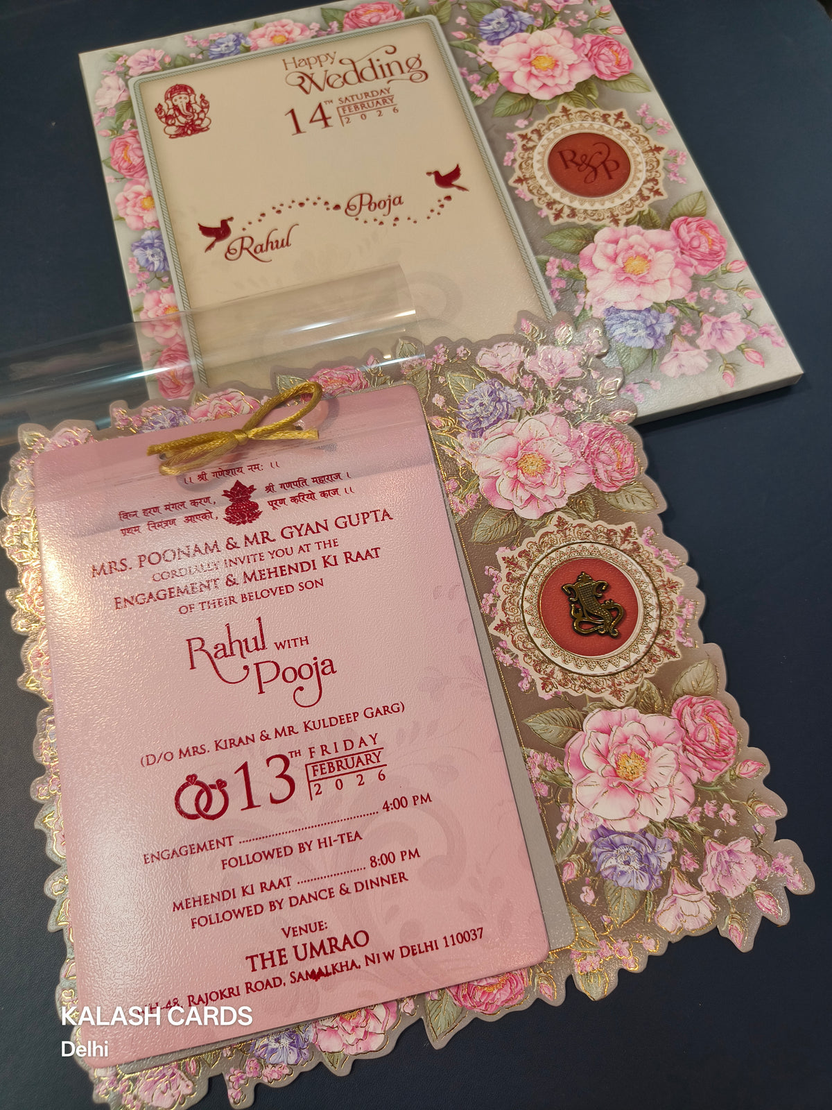 KLB590 Floral Design Paper Wedding Card (2 Page & 1 Transparent PVC)-Kalash Cards
