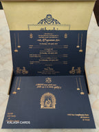 KLB599 Royal Blue Floral Design Lasercut Luxury Wooden Wedding Card with 2 Fold Page Inserts and Lasercut Couple Name-Kalash Cards