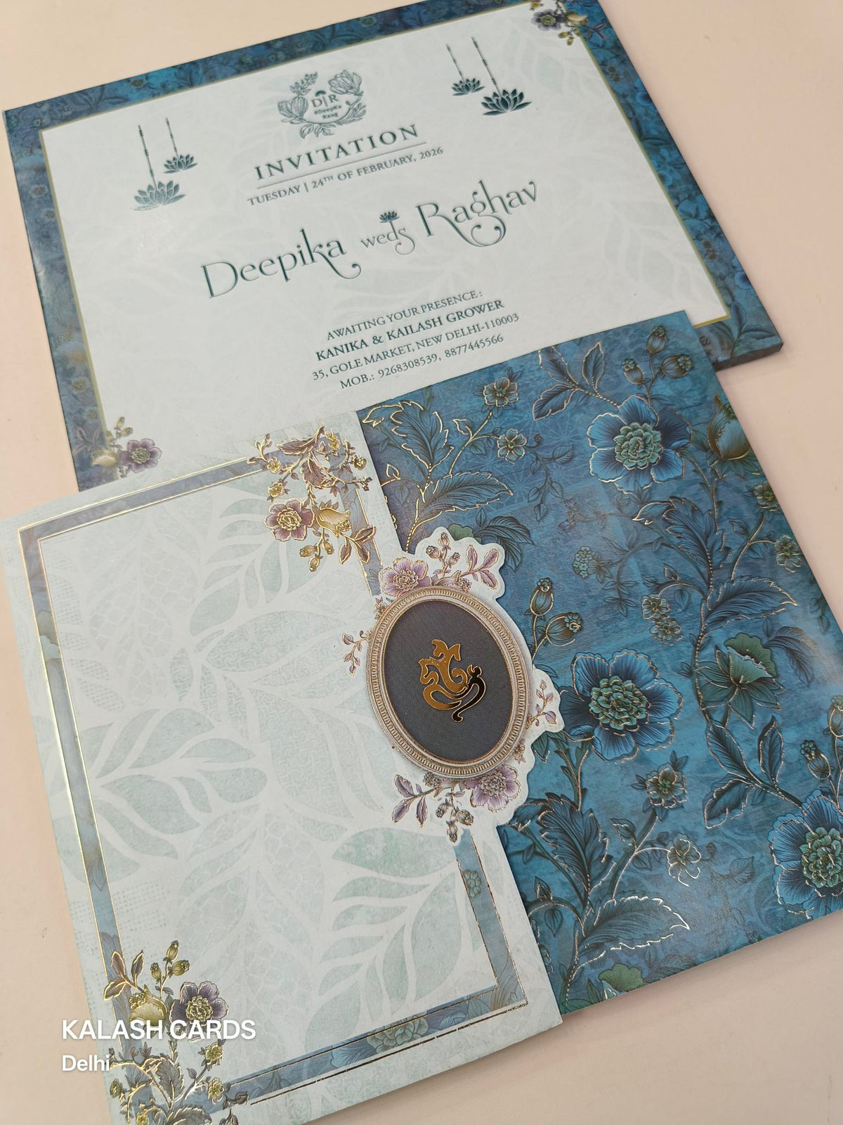 KLB603 Blue Floral Design Wedding Card (2 Page)-Kalash Cards