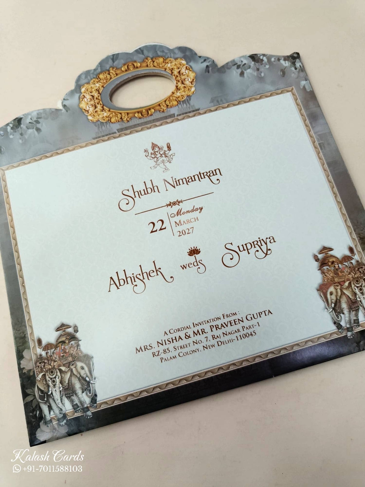 KLB610 Raja Rani Barat Design Grey Color Carry Bag Style Semi Box Wedding Card (2 Page)