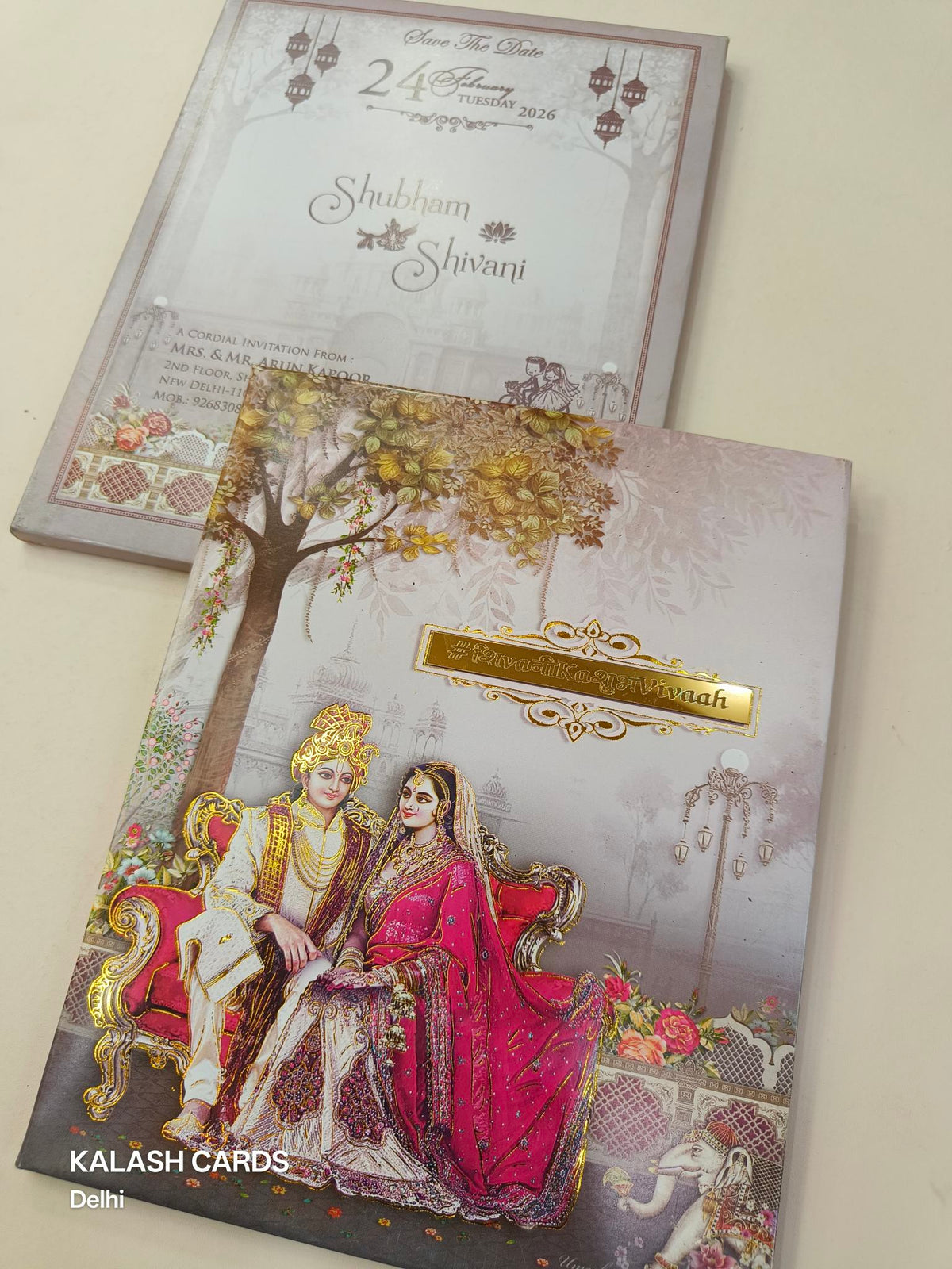 KLB614 Dulha Dulhan Design Padding Hardboard Thick Wedding Card (2 Page and Couple Name Acrylic Mirror)-Kalash Cards
